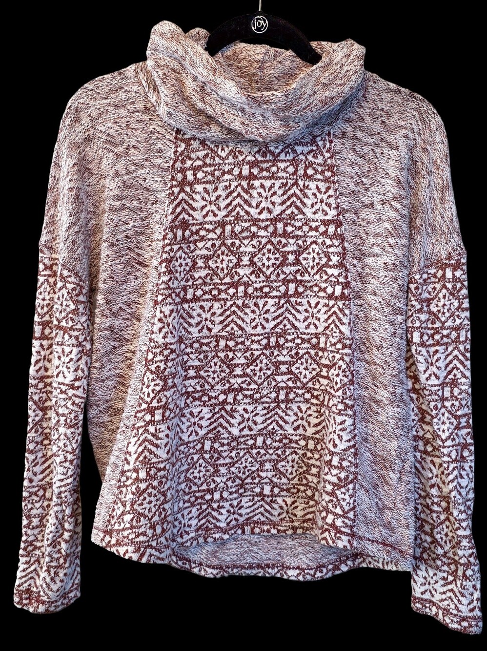 Cowl Neck Patterned Sweater in Taupe & Cream